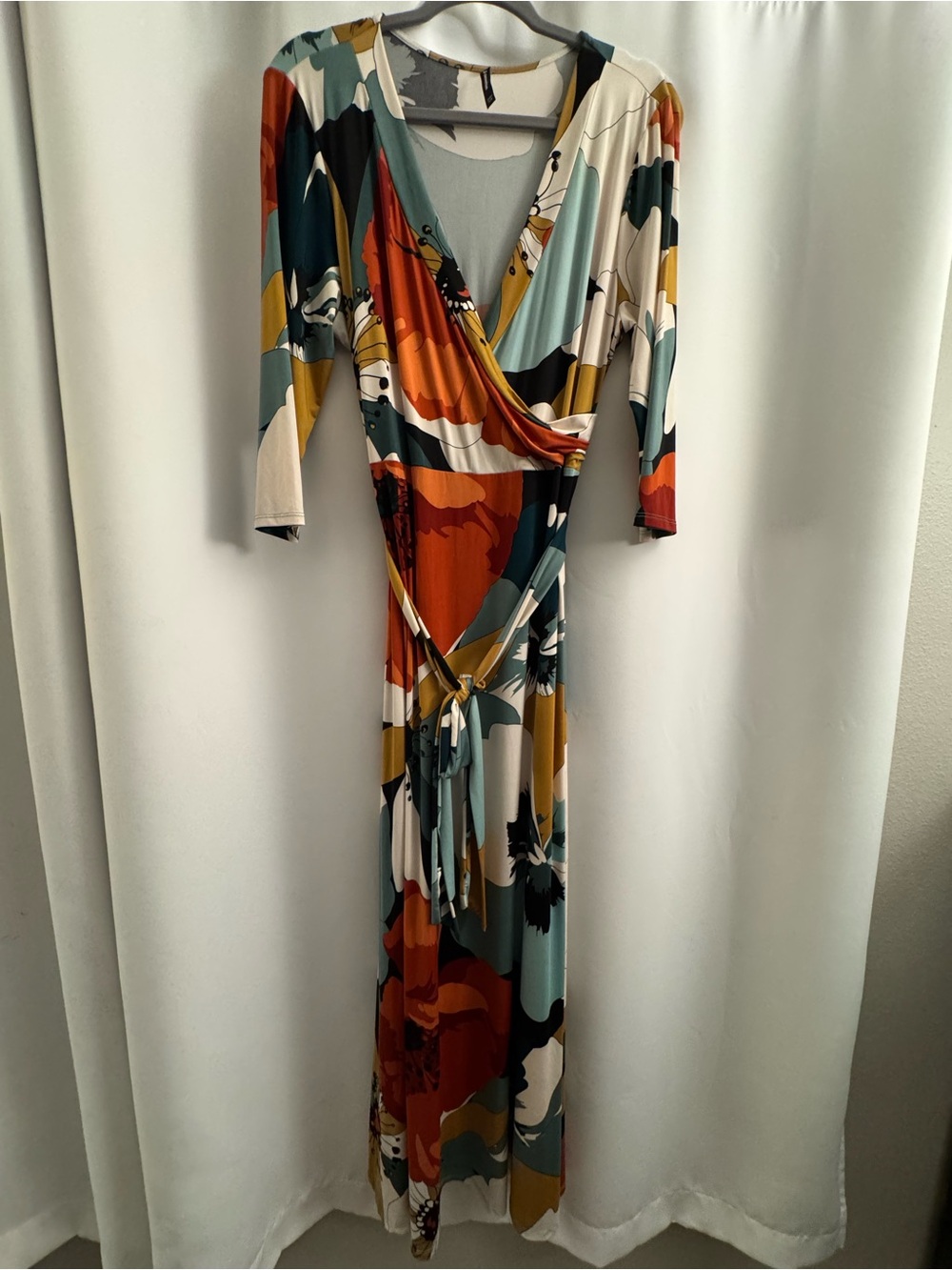 Abstract Print Midi Wrap Dress with Tie Waist